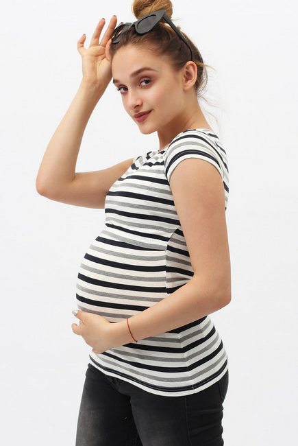 Футболка для кормящих и беременных, белая в серую полоску меланж