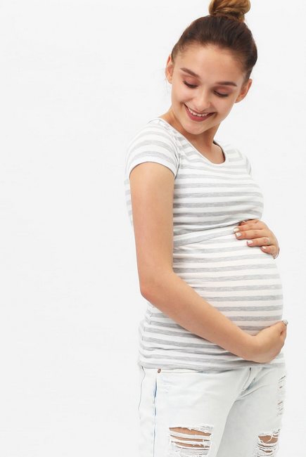 Футболка для беременных и кормящих, белая в серую полоску меланж