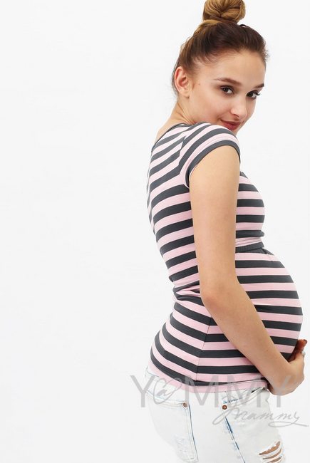 Футболка для беременных и кормящих, розовая в серую полоску