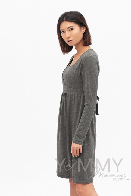 Платье с пояском на спине для беременных и кормящих, серый меланж