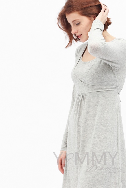 Платье с пояском на спине для кормящих и беременных, светло-серый меланж