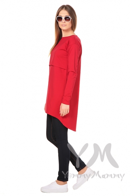 Платье-туника для кормящих и беременных с длинным рукавом, красное