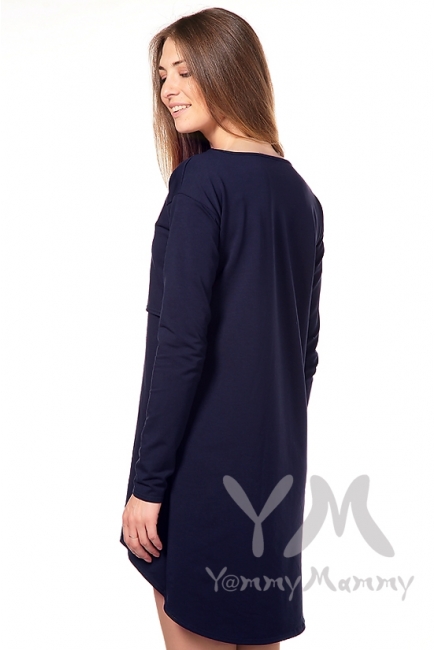 Платье-туника для беременных и кормящих с длинным рукавом, темно-синее