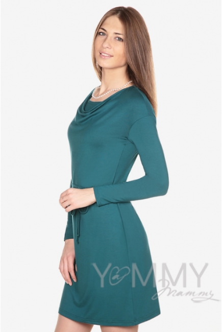 Платье из модала для кормящих и беременных с горловиной "качелька", изумрудное
