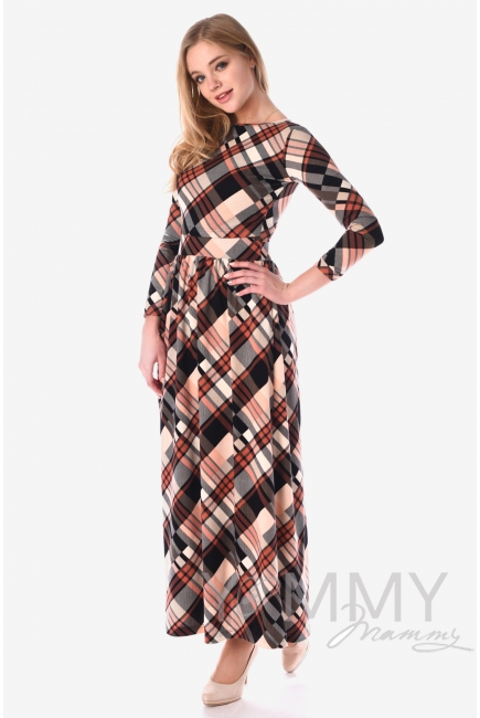 Платье для кормящих и беременных с карманами, в розовую/серую клетку