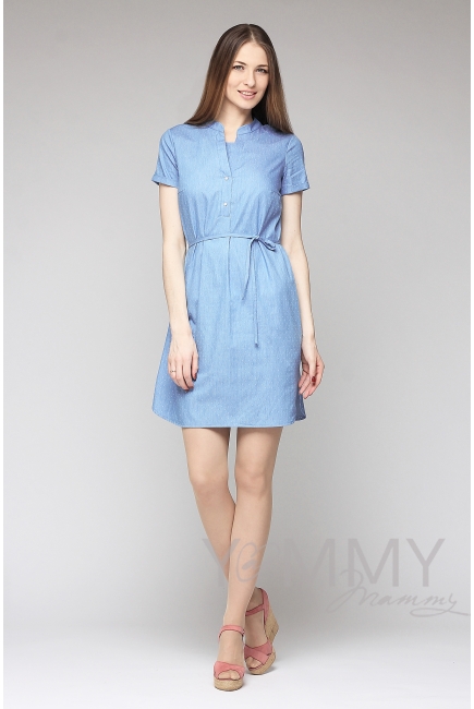 Платье-рубашка для беременных и кормящих, джинсовое в белый горошек