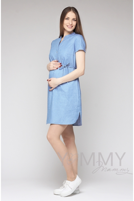 Платье-рубашка для беременных и кормящих, джинсовое в белый горошек