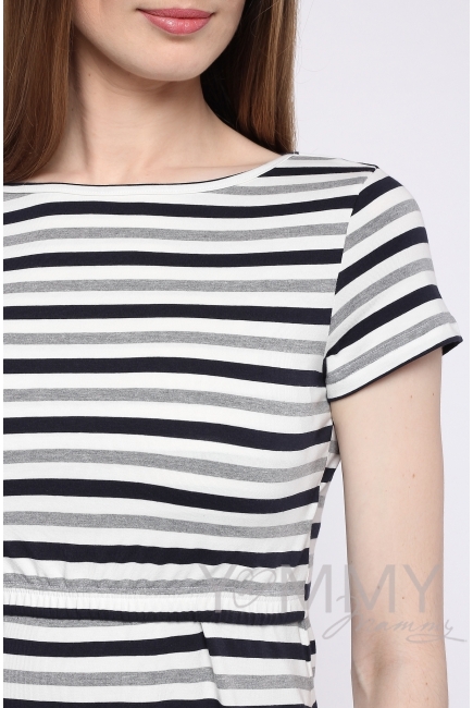 Платье для кормящих и беременных, белое в полоску серый меланж/черный