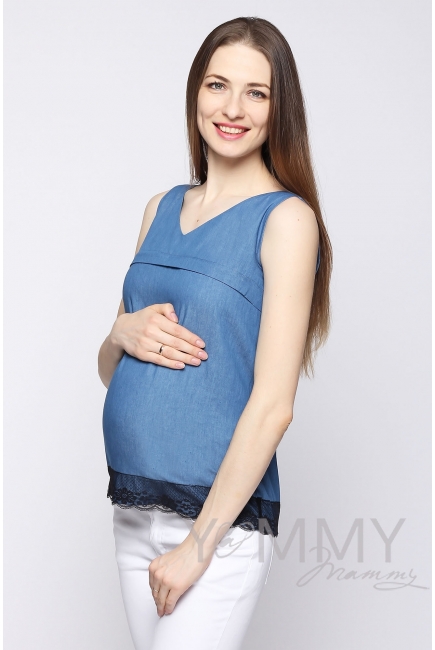 Блуза для кормящих и беременных из денима, с черным кружевом