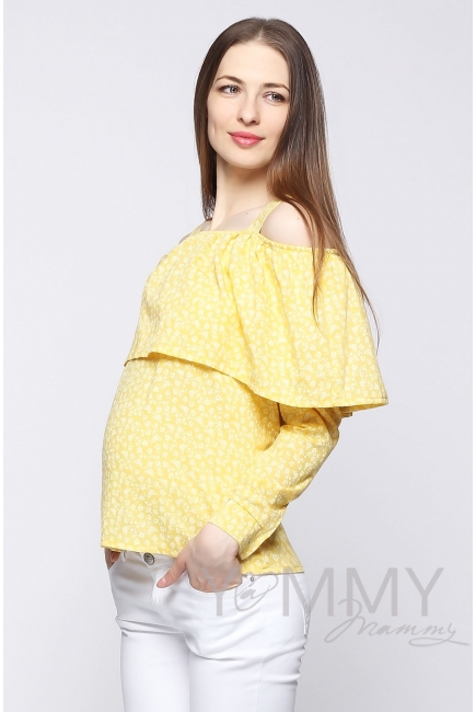Блуза для беременных и кормящих с воланом, желтая с цветочным принтом