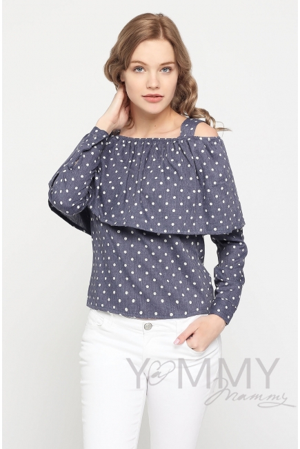 Блуза с воланом для кормящих и беременных, синяя в горох