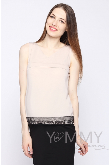 Блуза для беременных и кормящих, бежевая с кружевом