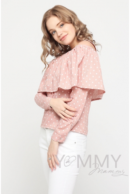 Блуза для беременных и кормящих с воланом, розовая в горох