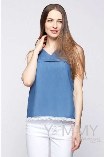 Блуза из денима для кормящих и беременных, с белым кружевом