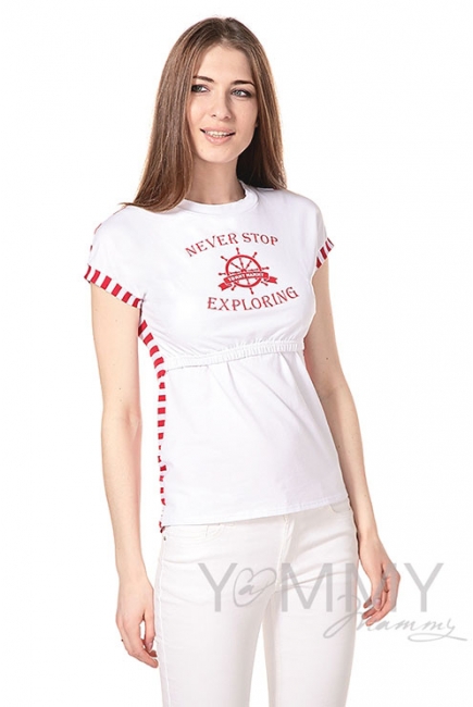 Футболка с принтом для беременных и кормящих, белая/красная полоска