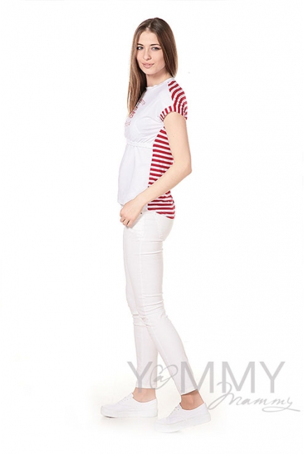 Футболка с принтом для беременных и кормящих, белая/красная полоска