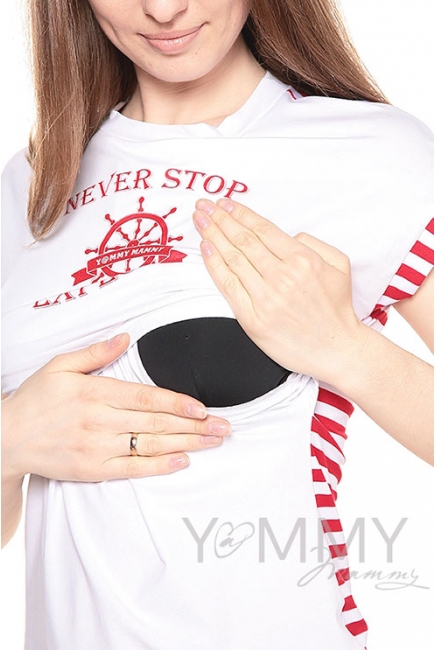 Футболка с принтом для беременных и кормящих, белая/красная полоска