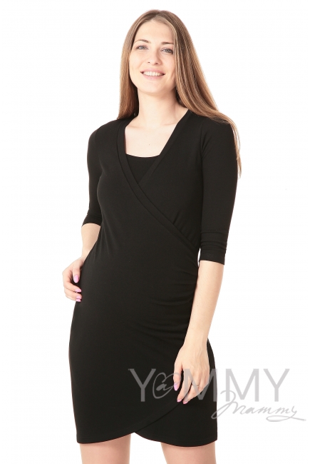 Платье для беременных и кормящих со складками, черное