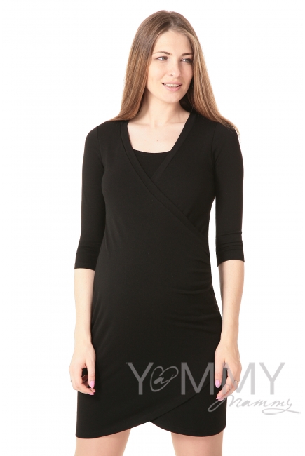 Платье для беременных и кормящих со складками, черное
