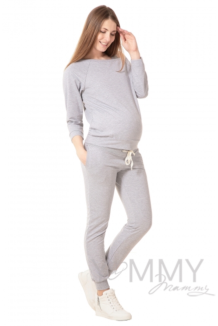 Брюки для родивших и беременных универсальные, спортивные из футера серый меланж