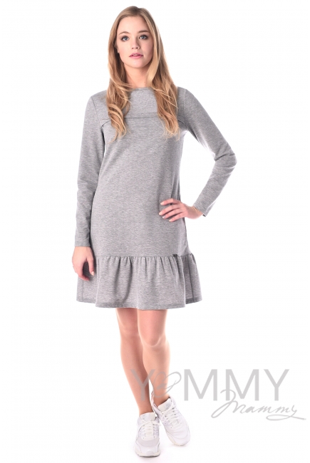 Платье для беременных и кормящих с воланом, серый меланж