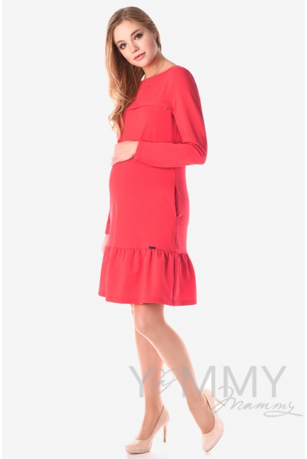 Платье для кормящих и беременных с воланом, коралл
