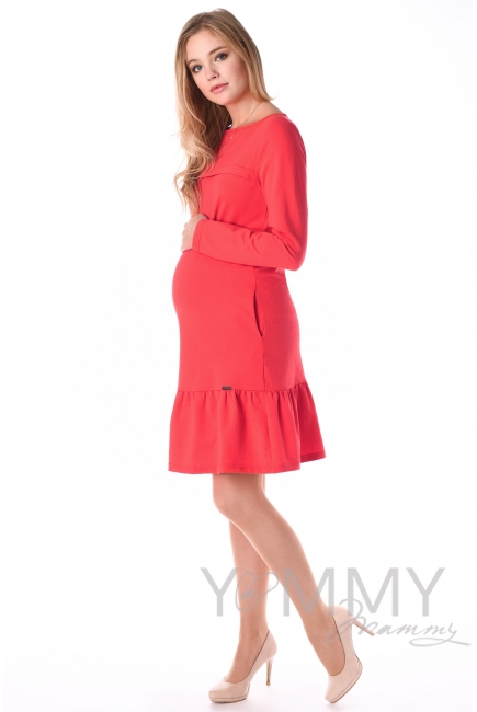 Платье для кормящих и беременных с воланом, коралл