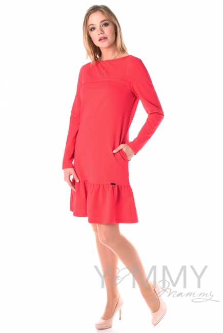Платье для кормящих и беременных с воланом, коралл
