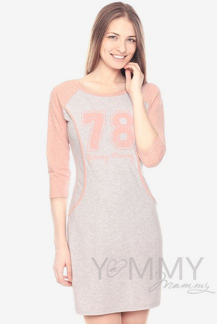 Платье для дома и сна серый меланж / розовый с принтом