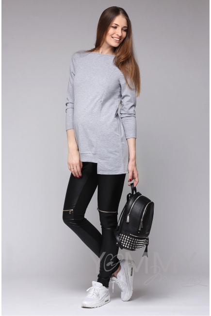 Туника с фигурным низом для беременных и кормящих, серый меланж