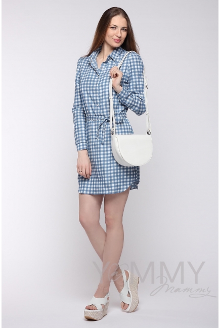 Платье-рубашка для кормящих и беременных, джинсовое в белую клетку