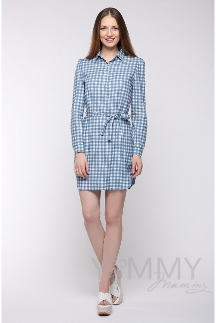 Платье-рубашка для кормящих и беременных, джинсовое в белую клетку