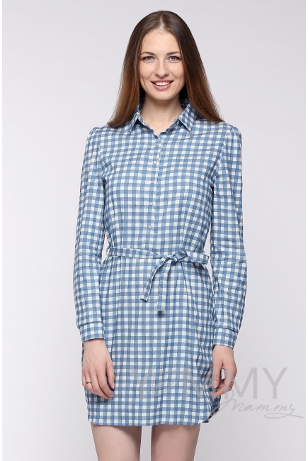 Платье-рубашка для кормящих и беременных, джинсовое в белую клетку