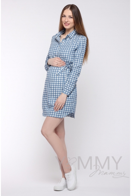 Платье-рубашка для кормящих и беременных, джинсовое в белую клетку