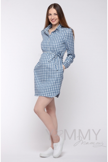 Платье-рубашка для кормящих и беременных, джинсовое в белую клетку