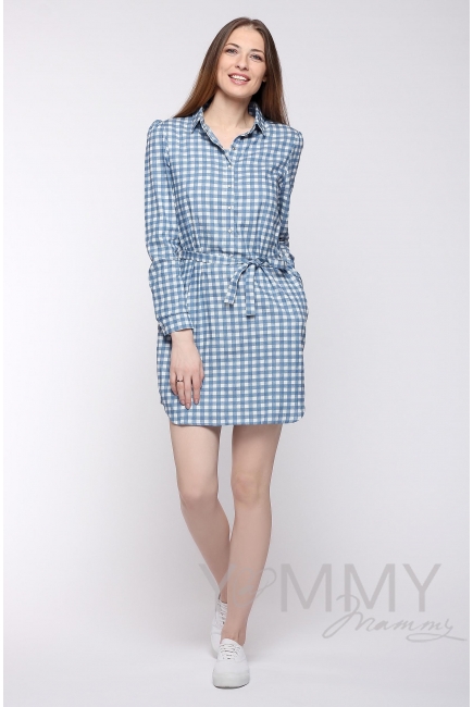 Платье-рубашка для кормящих и беременных, джинсовое в белую клетку