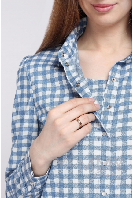 Платье-рубашка для кормящих и беременных, джинсовое в белую клетку