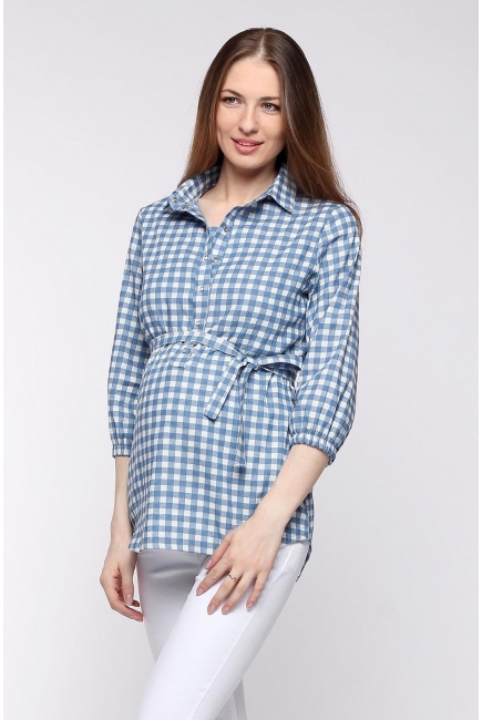 Рубашка для беременных и кормящих джинсовая, голубая в клетку