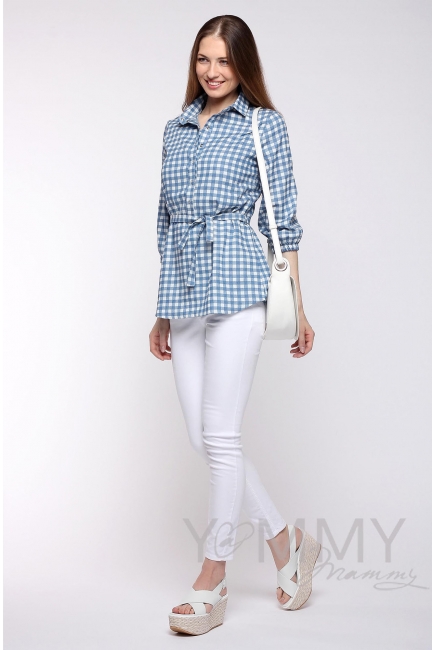 Рубашка для беременных и кормящих джинсовая, голубая в клетку