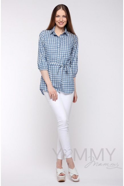 Рубашка для беременных и кормящих джинсовая, голубая в клетку