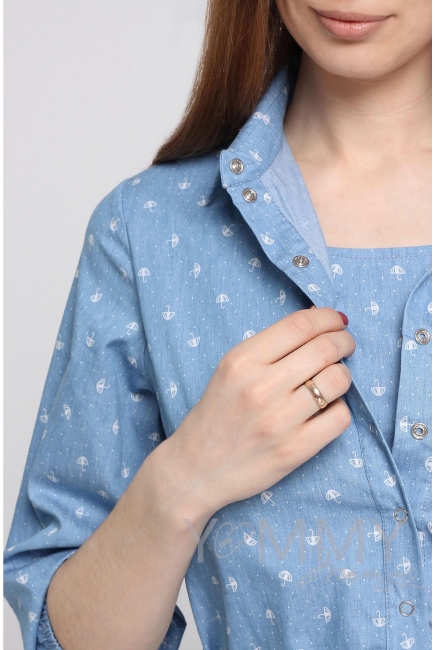 Рубашка для кормящих и беременных джинсовая, голубая с принтом "зонтики"