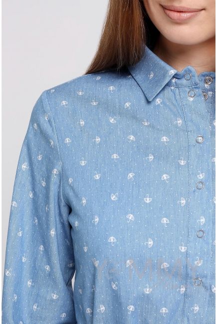 Рубашка для кормящих и беременных джинсовая, голубая с принтом "зонтики"