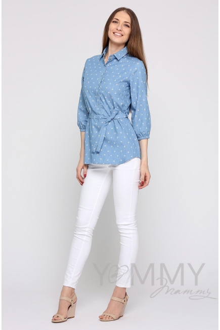 Рубашка для кормящих и беременных джинсовая, голубая с принтом "зонтики"
