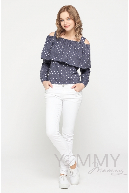 Блуза с воланом для кормящих и беременных, синяя в горох