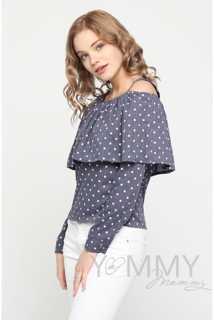 Блуза с воланом для кормящих и беременных, синяя в горох