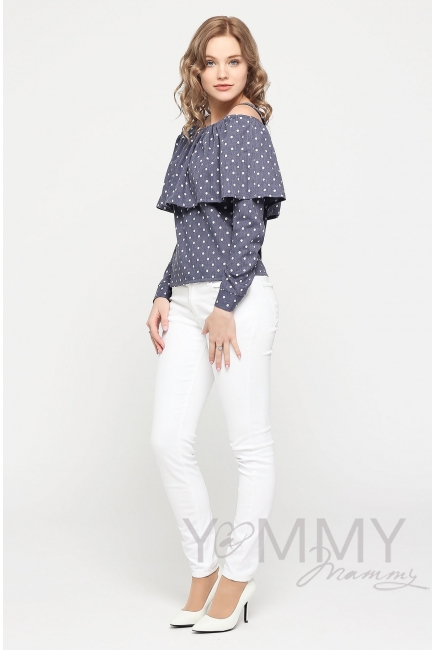 Блуза с воланом для кормящих и беременных, синяя в горох