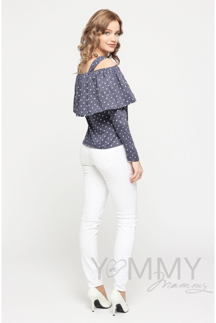 Блуза с воланом для кормящих и беременных, синяя в горох