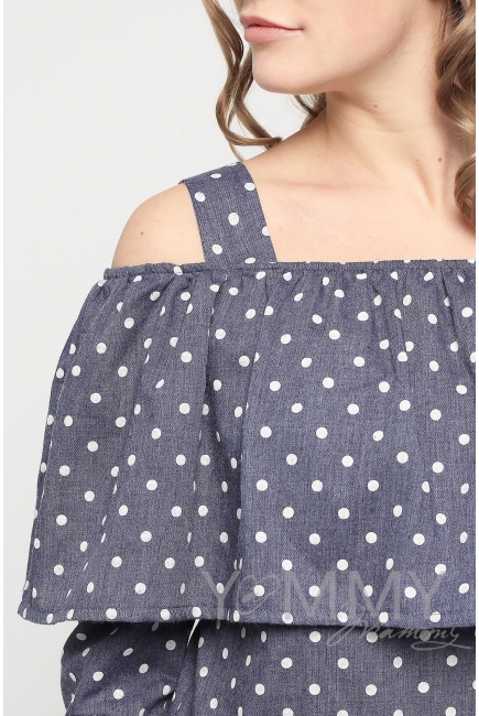 Блуза с воланом для кормящих и беременных, синяя в горох