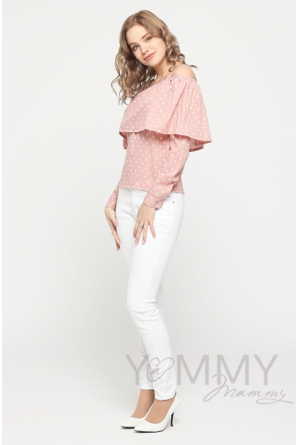 Блуза для беременных и кормящих с воланом, розовая в горох