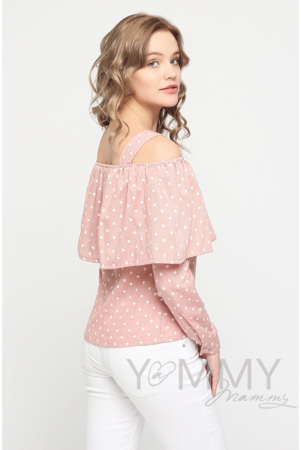 Блуза для беременных и кормящих с воланом, розовая в горох